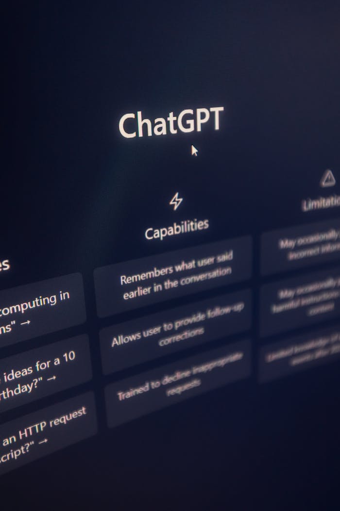 Vertical shot of ChatGPT interface on screen highlighting AI capabilities.
