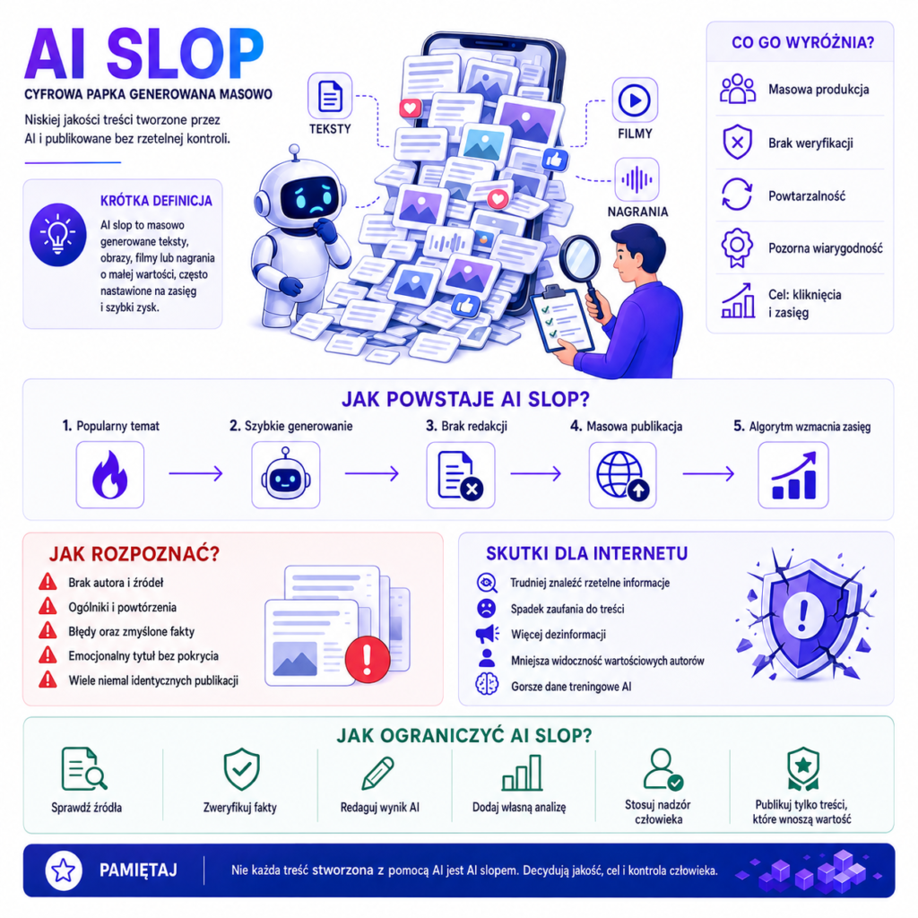 AI slop – co to jest? 1 AI Slop - inforgrafika pokazująca cyfrową papkę generowana masowo